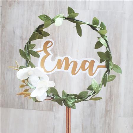 Cake Topper Aro de hojas, flores y nombre 13cm